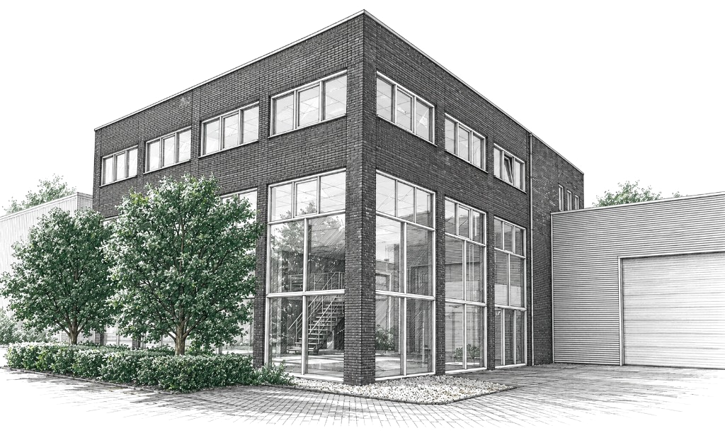 Architectuurtekening van een industrieel kantoorpand met glazen hoek