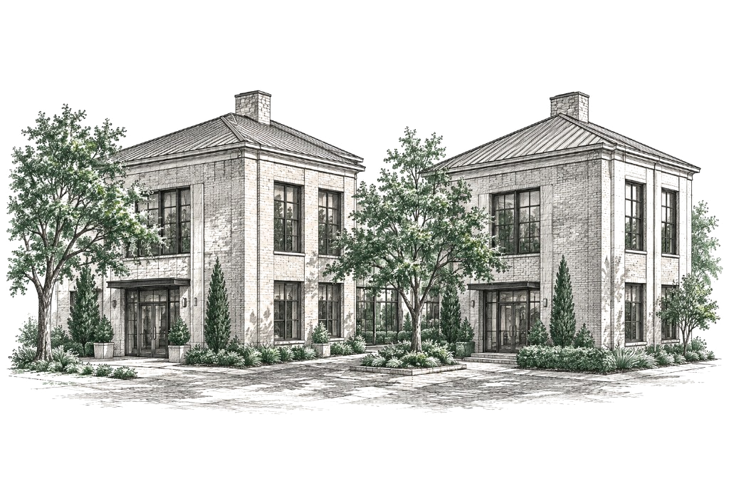 Architectuurtekening van twee bij elkaar horende kantoorpanden