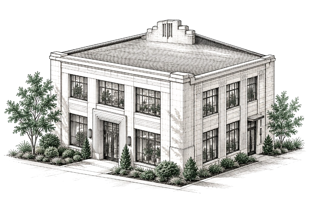 Architectuurtekening van een klassiek kantoorpand