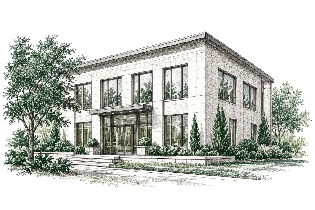 Architectuurtekening van een modern stenen kantoorpand